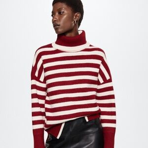 Mango Red and White Striped Turtleneck Sweater